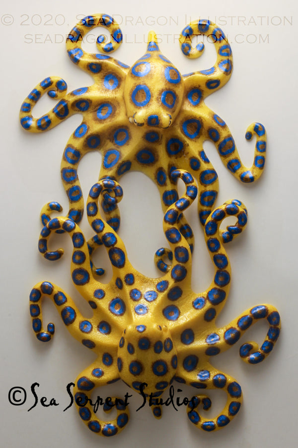 A pair of blue-ringed octopus (Hapalochlaena sp) cast in Dragonskin 10 platinum silicone, painted with Psycho Paint base tinted with a variety of powdered mica pigments