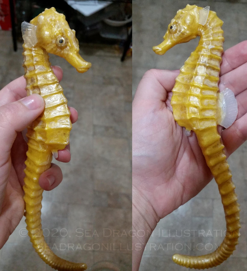 Female lined seahorse (Hippocampus erectus) cast in Dragonskin 10 platinum silicone, painted with Psycho Paint base tinted with a variety of powdered mica pigments