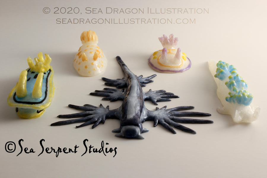 A variety of nudibranchs cast in Dragonskin 10 platinum silicone, painted with Psycho Paint base tinted with a variety of powdered mica pigments