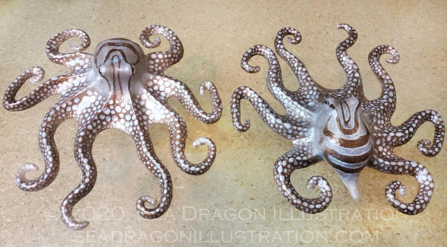 Pair of spotted octopus cast in Dragonskin 10 platinum silicone, painted with Psycho Paint base tinted with a variety of powdered mica pigments